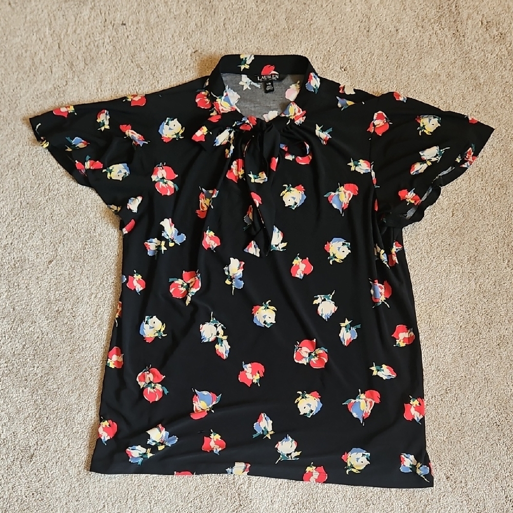 Lauren Ralph Lauren Black Floral Tie-Neck Top with Red and Blue Blooms